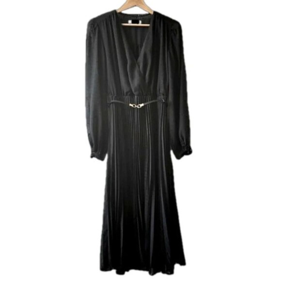 Mango Black long sleeve belted midi dress size 8 silver metallic sophisticated - Picture 1 of 2